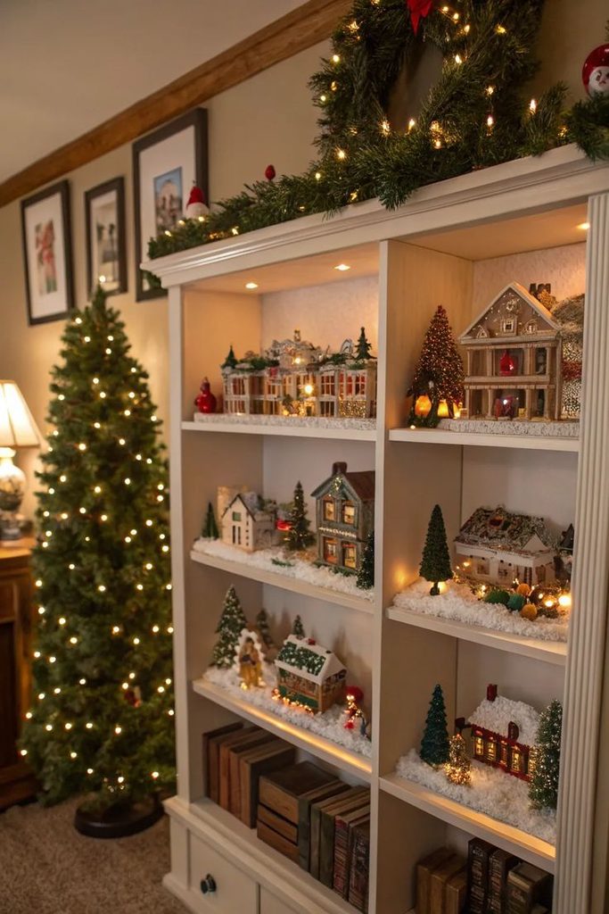 White bookcase turned into a Christmas village display with lit row houses and small bottle brush trees