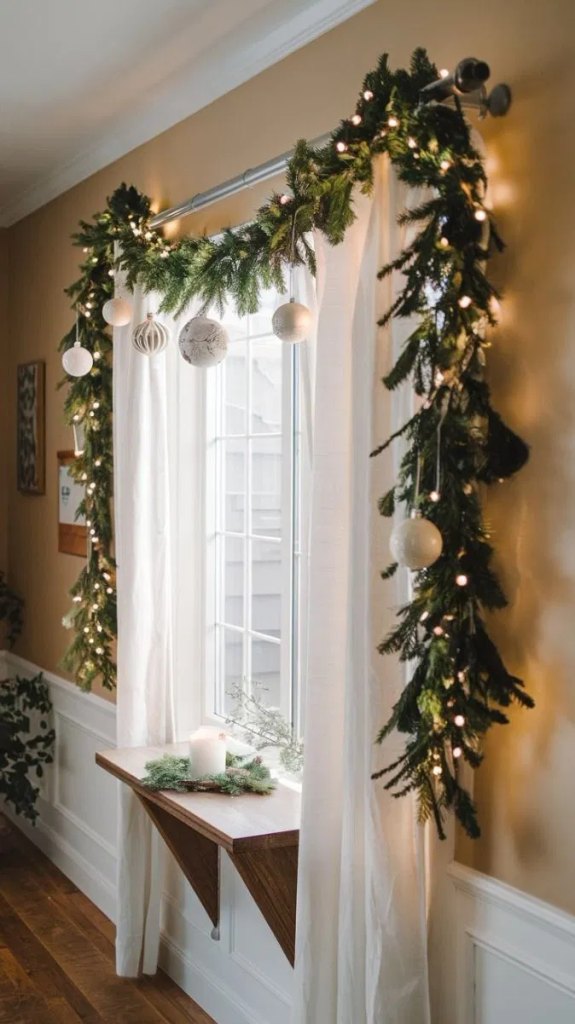 Christmas garland with white ornaments and lights draped around a living room window and curtain rod