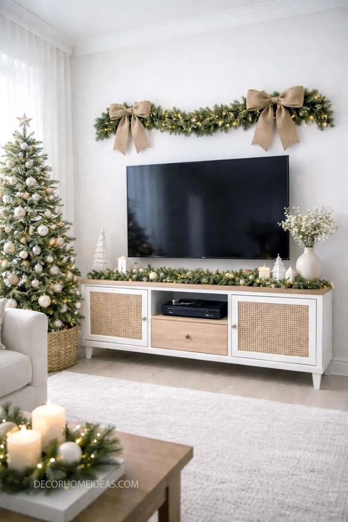 Christmas garland with lights along a TV console in a living room