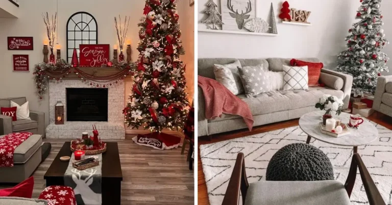 Christmas living room decor ideas with a red and white tree, decorated fireplace mantel and a gray sofa with red throws