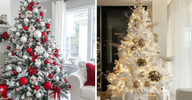 Collage of Christmas tree decor ideas in red, pink, blue, white and gold.