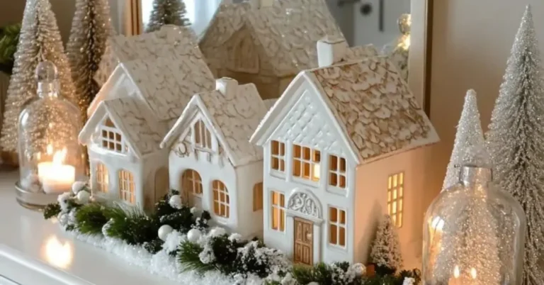 Christmas village display ideas with white glitter-roof houses, silver bottle brush trees and glass cloches on a white dresser