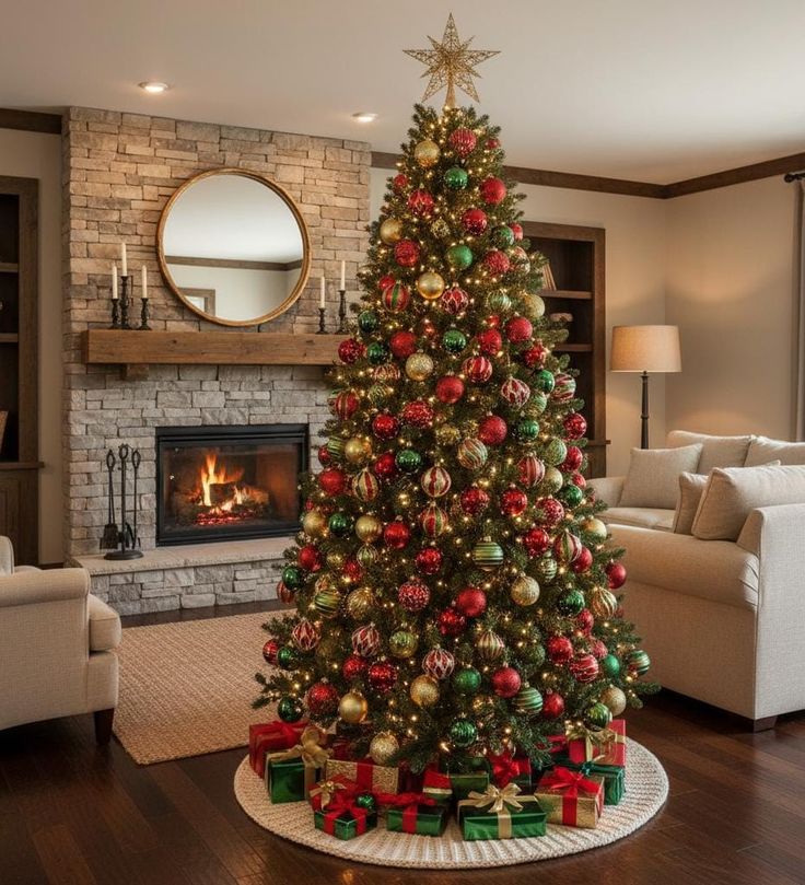 Classic red and green Christmas tree with gold ornaments beside a stone fireplace.