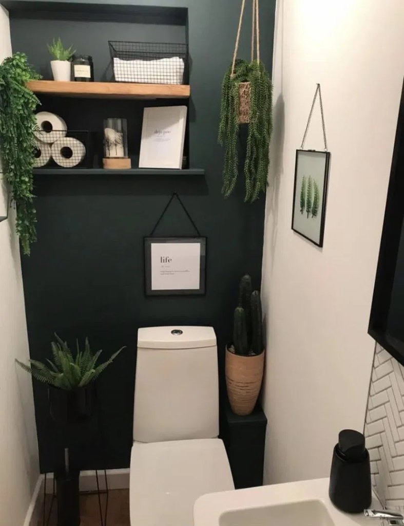 Toilet room wall idea with a dark green wall behind the toilet, a wood shelf, hanging plants and framed prints