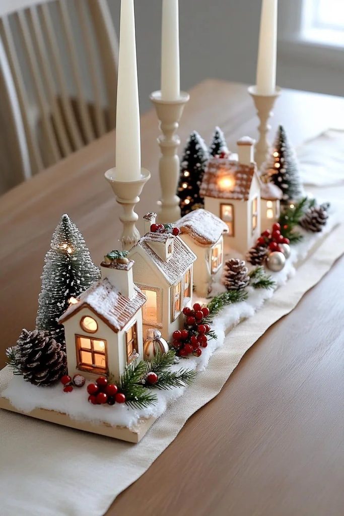 Christmas village display on a dining table with a red tartan runner as the road and lit houses between flameless votives