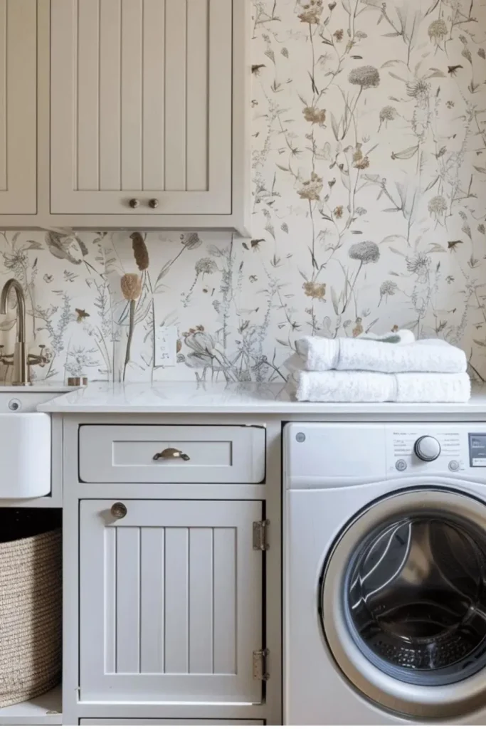 Laundry area with soft floral wallpaper, gray beadboard cabinets, a white counter with folded towels and a front-load washer.