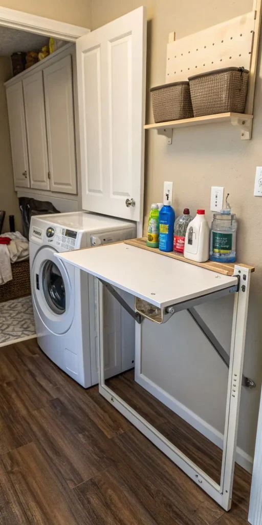 White fold-down wall table extended beside a front-load washer, with laundry bottles on top and a pegboard shelf with baskets above.
