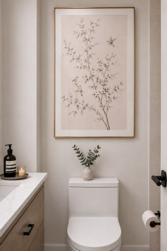 Pair of stacked gold framed prints hanging above a toilet in a white toilet room