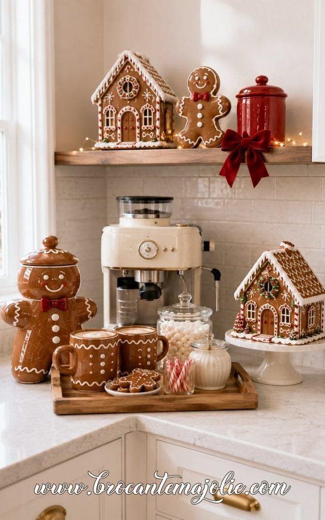 Gingerbread mugs, a cookie jar and gingerbread houses around a coffee machine in a white kitchen
