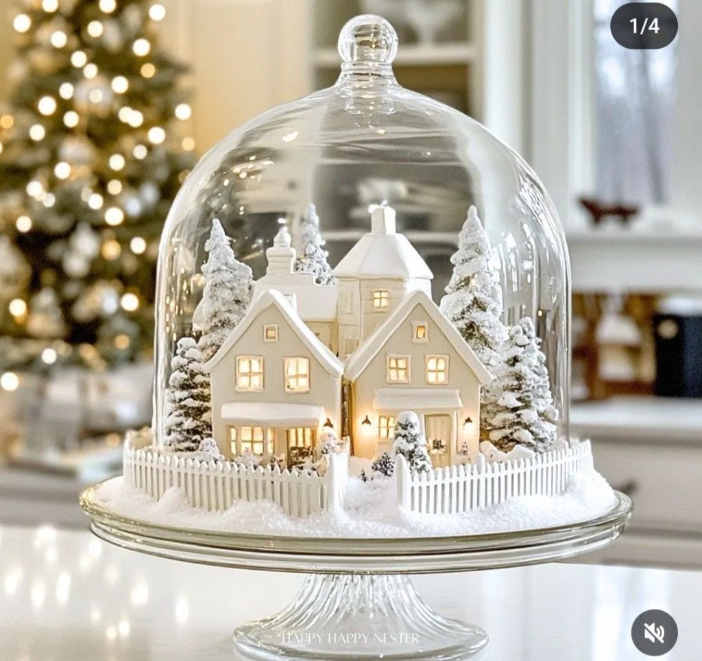 Mini Christmas village of white houses, a picket fence and snowy trees under a glass dome on a cake stand
