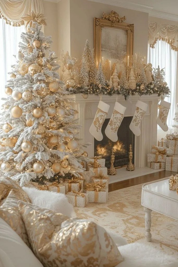 Gold and champagne Christmas living room decor with a tree and tall taper candles
