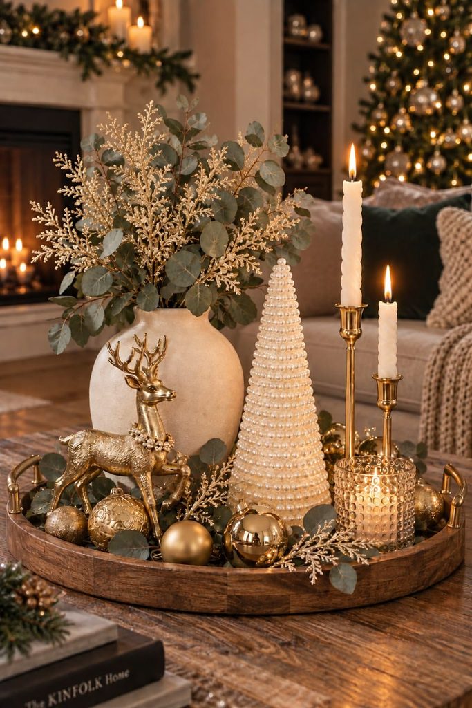 Gold tray with a gold reindeer, ornaments, eucalyptus and brass candlesticks on a wood coffee table
