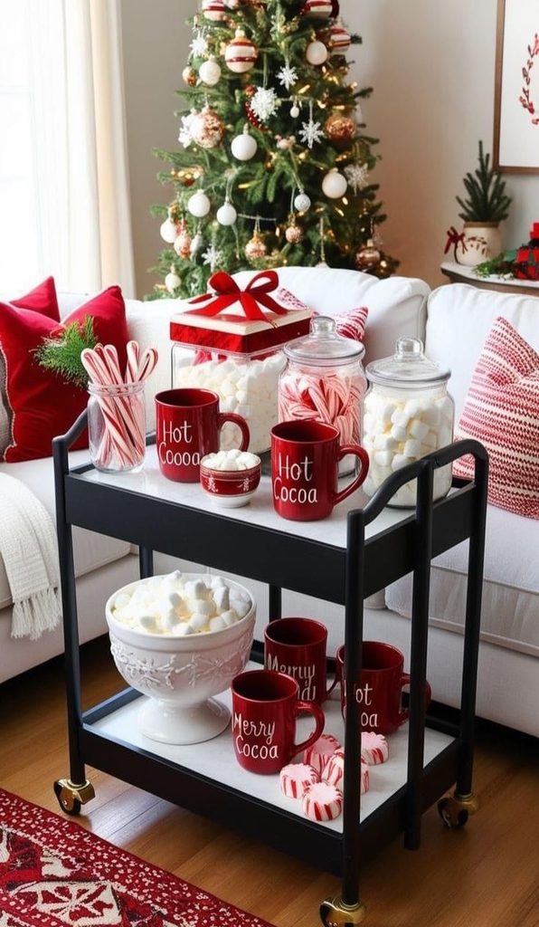 Hot cocoa cart with mugs and marshmallows set up beside the sofa as a Christmas living room decor idea