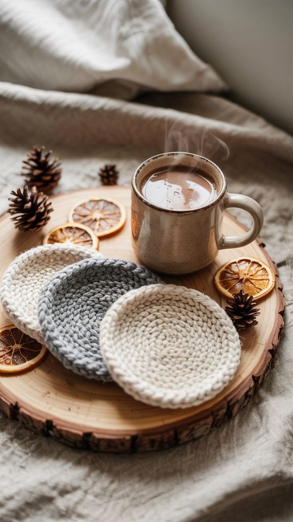 Steaming cocoa mug and knit coasters on a wood slice tray with pinecones and dried orange slices