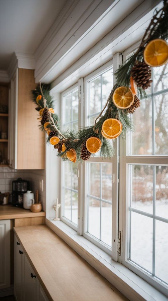 Dried orange slice and pinecone garland hanging across a kitchen window above a wood counter