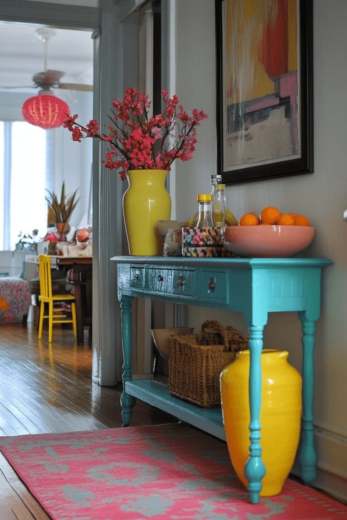 teal painted console table with a yellow vase of flowers in a small entryway