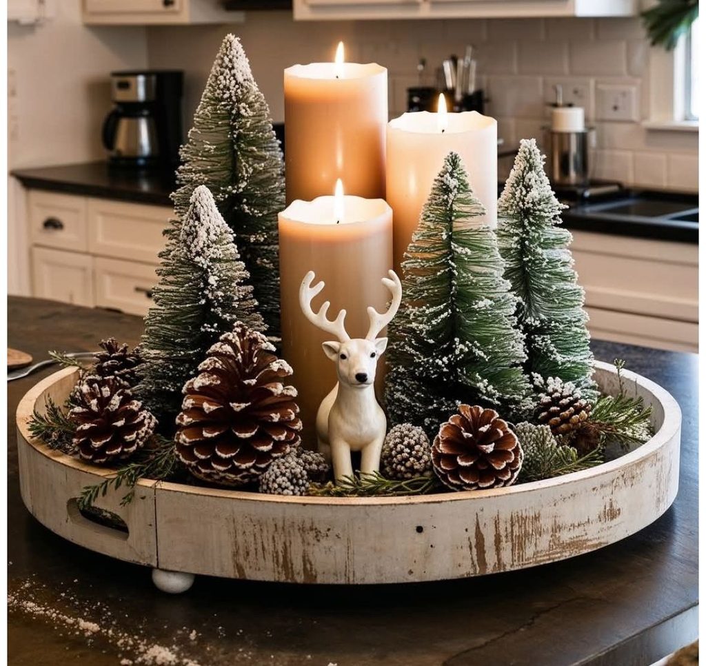Snowy bottle brush trees, pinecones, cream candles and a white deer on a distressed round wood tray