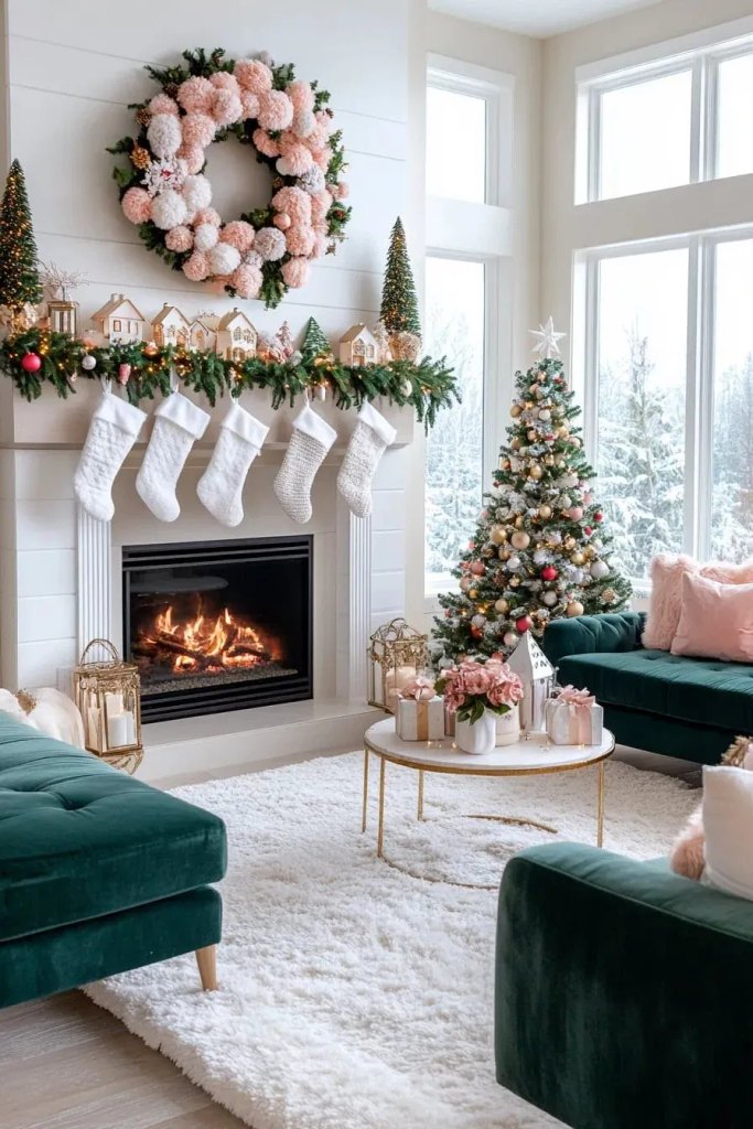 Pink and green Christmas living room with green velvet sofas, a pink pom pom wreath and white stockings on the mantel