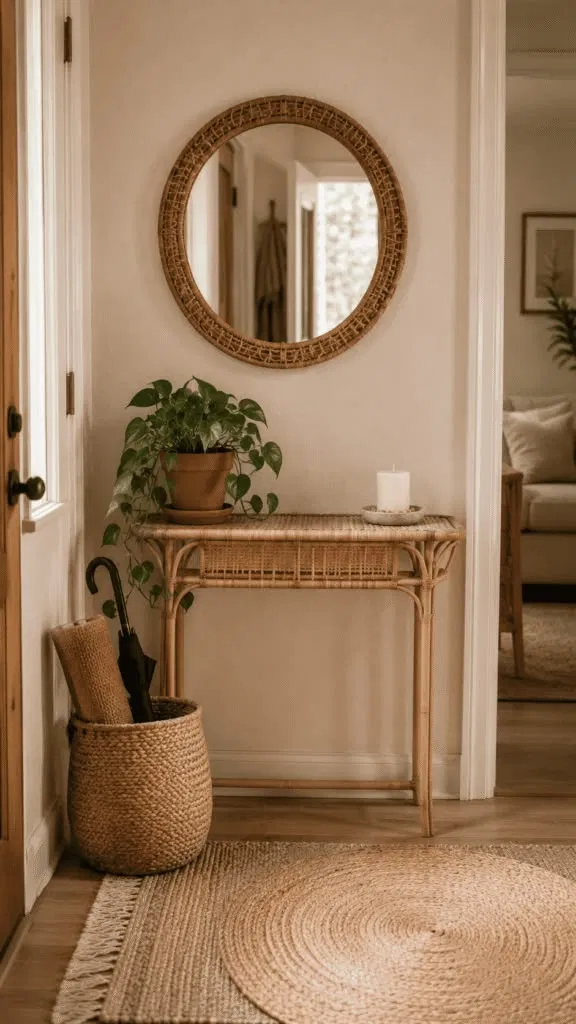 rattan console table with a trailing plant and a round rattan mirror in a small entryway