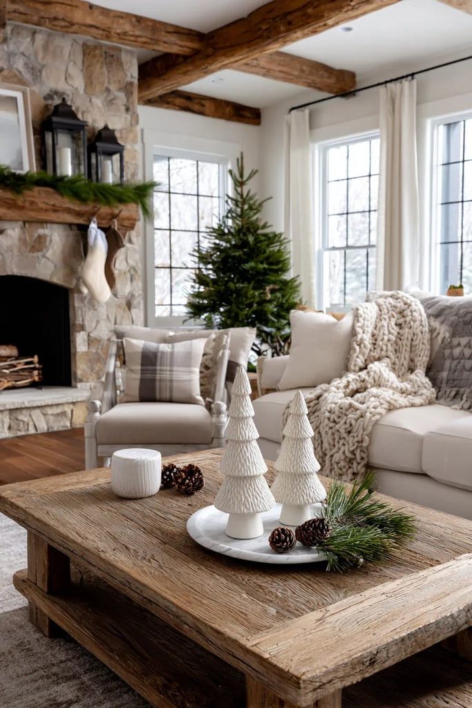 Scandinavian Christmas living room with a plain tree, wooden ornaments and white candles