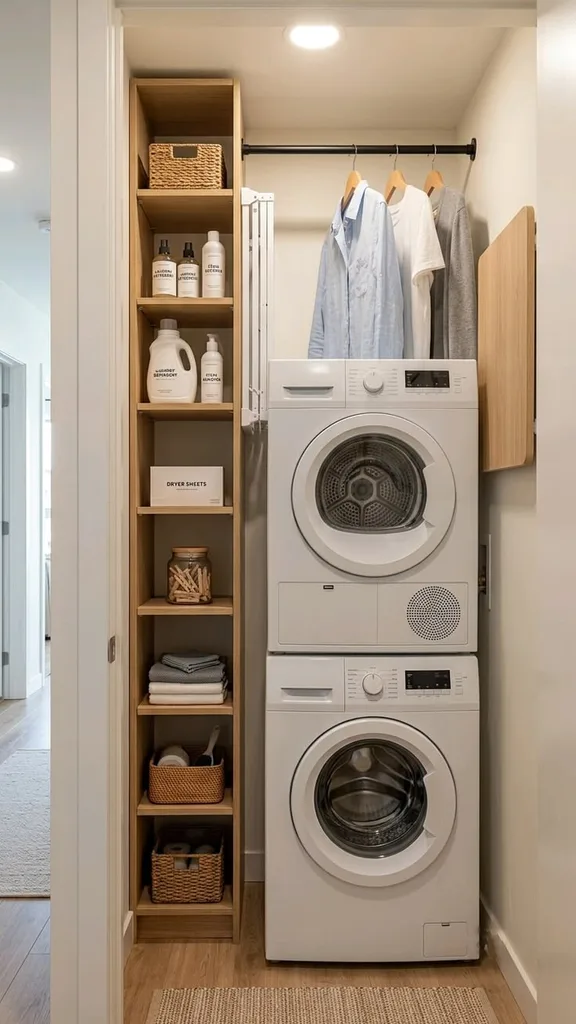 Narrow laundry closet with a stacked washer and dryer, a tall wood shelf tower holding detergent and baskets, and shirts hanging from a rod above.