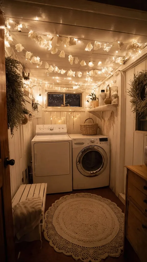 Small laundry nook with string lights and paper flower garlands across the ceiling, a washer and dryer, a wicker basket and a round crochet rug.