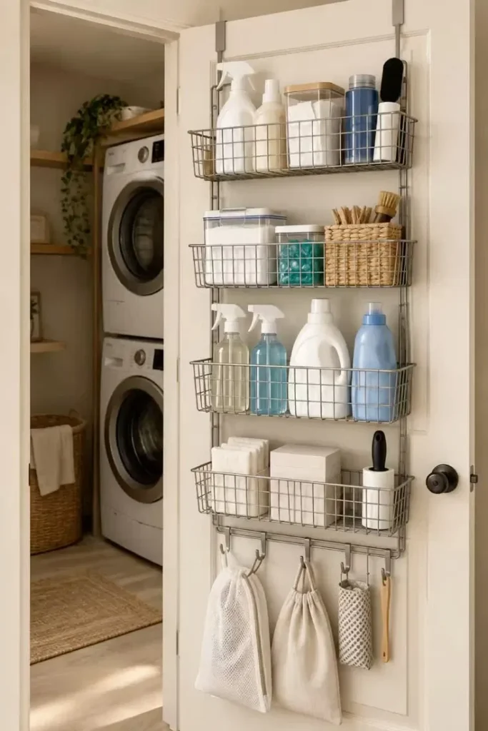 Wire rack hung on the back of a laundry closet door holding detergent, spray bottles and laundry bags, with a stacked washer and dryer behind.