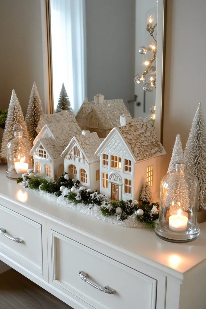 White Christmas village display with matte white houses, flocked trees and a silver candlestick
