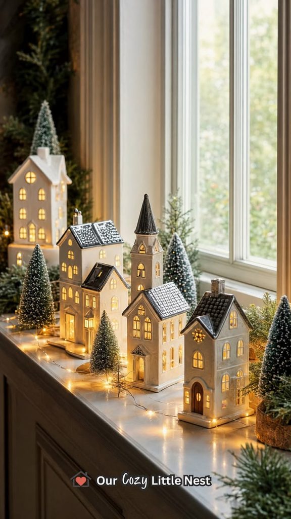 Lit white Christmas village houses and frosted trees lined up on a windowsill with warm fairy lights